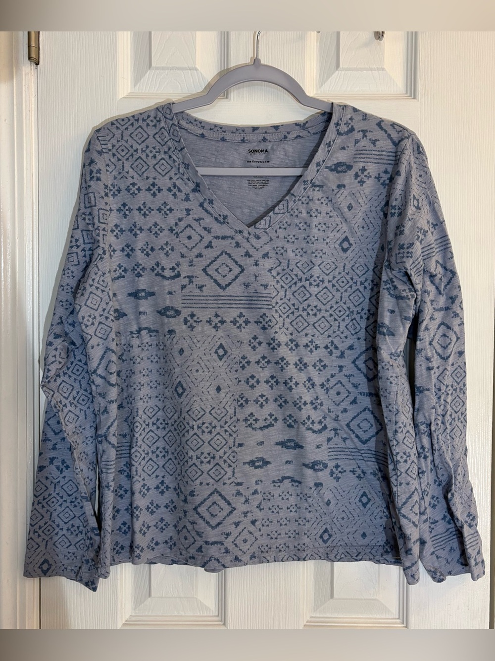 Sonoma Goods For Life The Everyday Tee Blue Geometric V-Neck Long Sleeve Large L